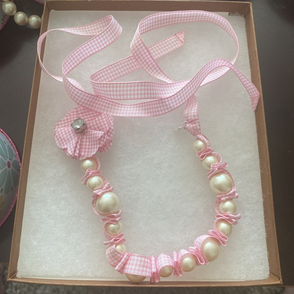 Stella & Dot Girls Pink Gingham Ribbon Faux Pearl Necklace Detachable Flower